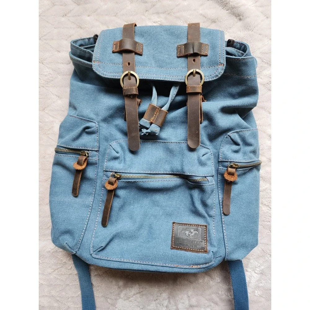 Augur Jans Denim Backpack Blue Vintage Rucksack Magnetic Snap Drawstring Mens